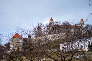 SLOVAKIA, BRATISLAVA - 8 Ocak 2025 Bratislava Kalesi Bratislava 'daki Little Carpatthians' ın izole edilmiş kayalık tepesinde bulunan dört köşeli kuleleri olan devasa dikdörtgen bir bina