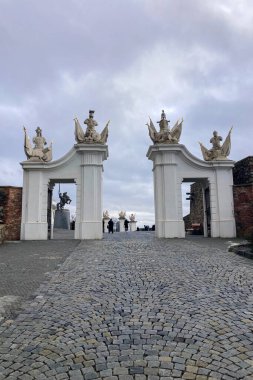 SLOVAKIA, BRATISLAVA - 8 Ocak 2025 Bratislava Kalesi Bratislava 'daki Little Carpatthians' ın izole edilmiş kayalık tepesinde bulunan dört köşeli kuleleri olan devasa dikdörtgen bir bina