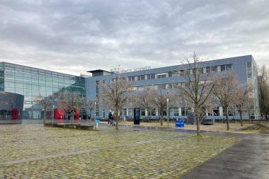 MUNİK, Almanya - 2 ARALIK 2024 Münih Garching Teknik Üniversitesi kampüsünde dondurucu sabah