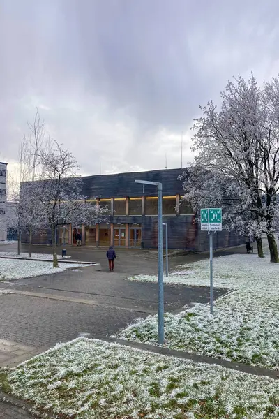 MUNİK, Almanya - 2 ARALIK 2024 Münih Garching Teknik Üniversitesi kampüsünde dondurucu sabah