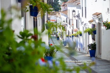 MIJAS, SPAIN - 7 Temmuz 2024: Kosta del Sol 'a tepeden bakan, İspanya' nın Endülüs kentindeki Mijas, Endülüs kentindeki beyaz yıkanmış binalar köyü ile tanınan büyüleyici beyaz İspanyol köyü