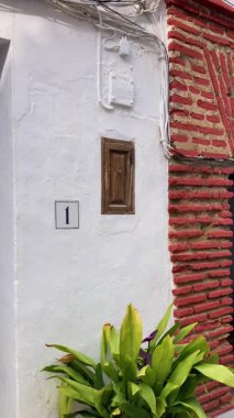 FRIGILIANA, SPAIN - 10 Mayıs 2025: Frigiliana, İspanya 'da beyazlatılmış evler ve renkli çiçeklerle çevrili büyüleyici dar sokaklarda huzurlu bir yürüyüş