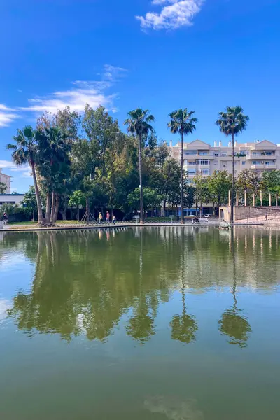 MALAGA, İspanya - 3 Mayıs 2025: Malaga, İspanya 'daki Batı Park' ta yemyeşil ve huzurlu yollarla çevrili sakin bir sabah yürüyüşünün tadını çıkarmak.