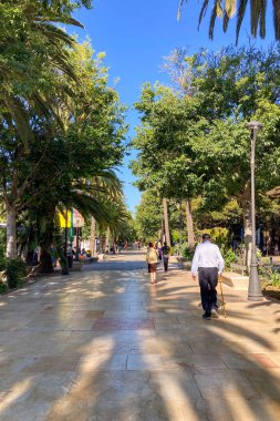 MALAGA, İspanya - 28 Mayıs 2025: Malaga, İspanya 'da kıyı atmosferinin cazibesiyle ıslanırken canlı şehrin rahat sokakları