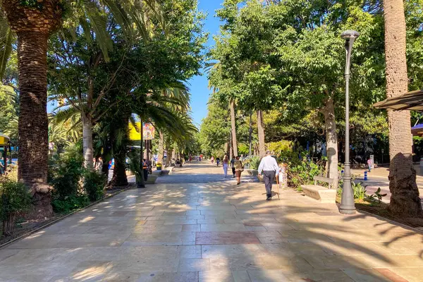 MALAGA, İspanya - 28 Mayıs 2025: Malaga, İspanya 'da kıyı atmosferinin cazibesiyle ıslanırken canlı şehrin rahat sokakları