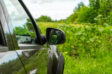 Yeşillik yeşil bir çiftlik arazisi araba tarafındaki pencereden görülür kırsal alanda huzurlu bir kırsal anı yakalar..