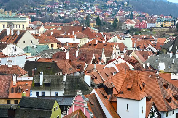 Dünyaca ünlü eski Cesky Krumlov kasabasının çatıları, Güney Bohemya, Çek Cumhuriyeti
