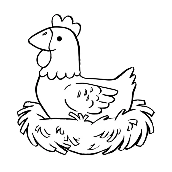 Coloring Book Children Cute Cartoon Hen Sits Nest — Stock Vector