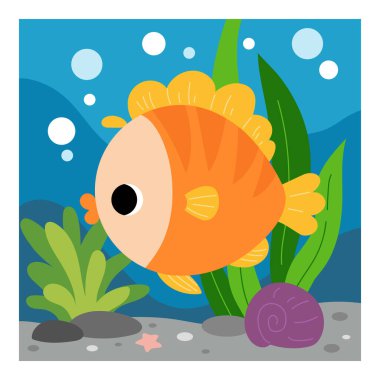 Şirin balıklar ve denizaltı geçmişi. Çocuklar için çizgi film vektör çizimi