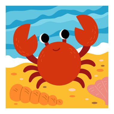 Tatlı yengeç ve plaj geçmişi. Çocuklar için çizgi film vektör çizimi