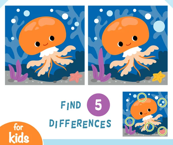 Find Differences Educational Game Children Cute Jellyfish Undersea Background — стоковый вектор