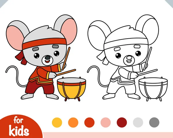 Coloring Book Children Chinese New Year Character Mouse Drum Tanggu — Stock Vector
