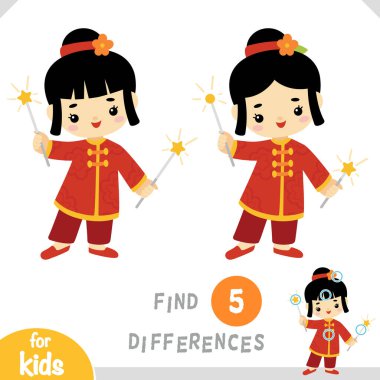 Find differences, educational game for children, Chinese new year character girl and sparklers