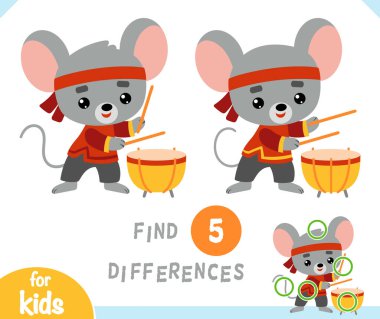 Find differences educational game for children, Chinese new year character mouse and drum Tanggu