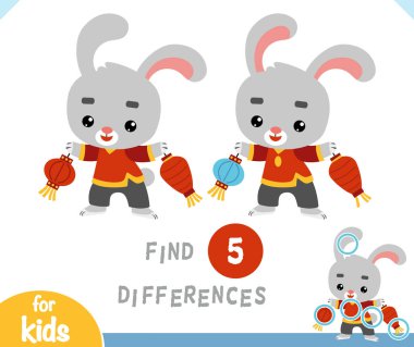 Find differences educational game for children, Chinese new year character rabbit and lanterns