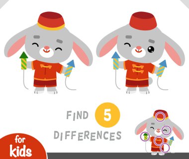 Find differences educational game for children, Chinese new year character rabbit and fireworks