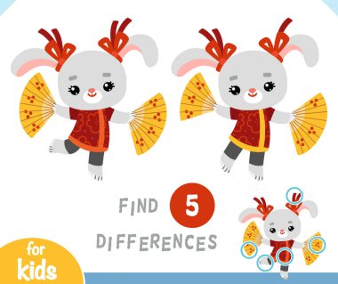Find differences educational game for children, Chinese new year character rabbit and fans