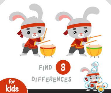Find differences educational game for children, Chinese new year character rabbit and drum Tanggu