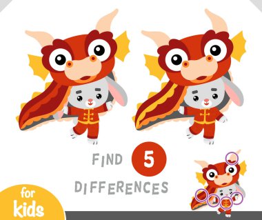 Find differences educational game for children, Chinese new year character rabbit in dragon costume
