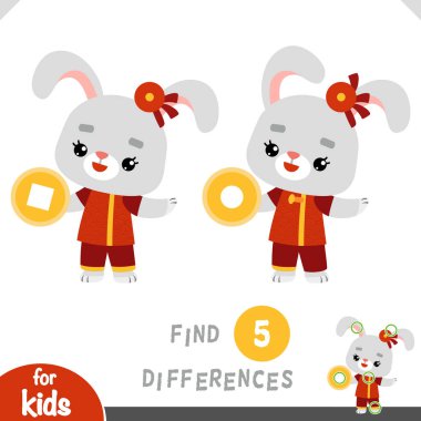 Find differences, educational game for children, Chinese new year character rabbit and cash