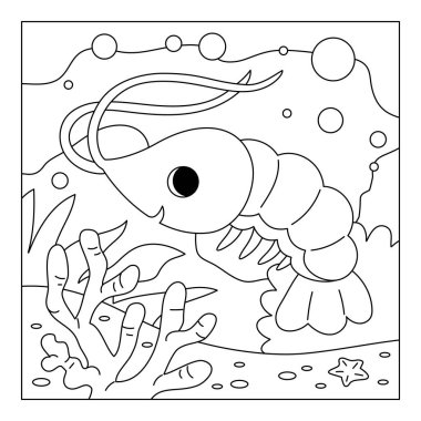 Coloring book for children, Cute shrimp and undersea background