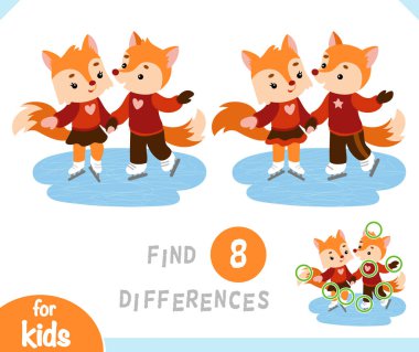 Find differences educational game for children, Loving couple of foxes are skating on ice skates