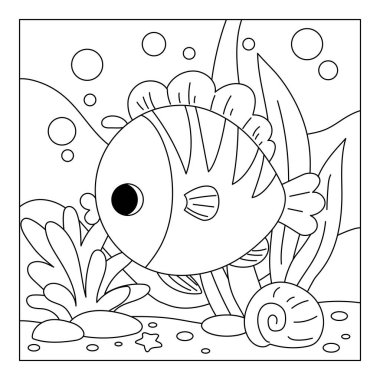 Coloring book for children, Cute fish and undersea background