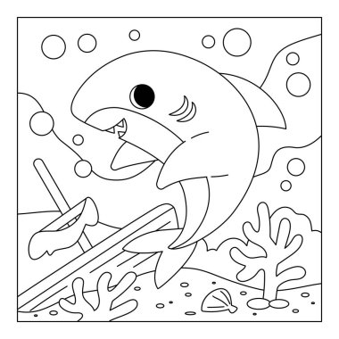 Coloring book for children, Cute shark and sunken ship background