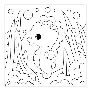 Coloring book for children, Cute seahorse and sea background