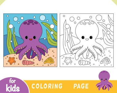 Coloring book for children, Cute octopus and sea background ocean floor