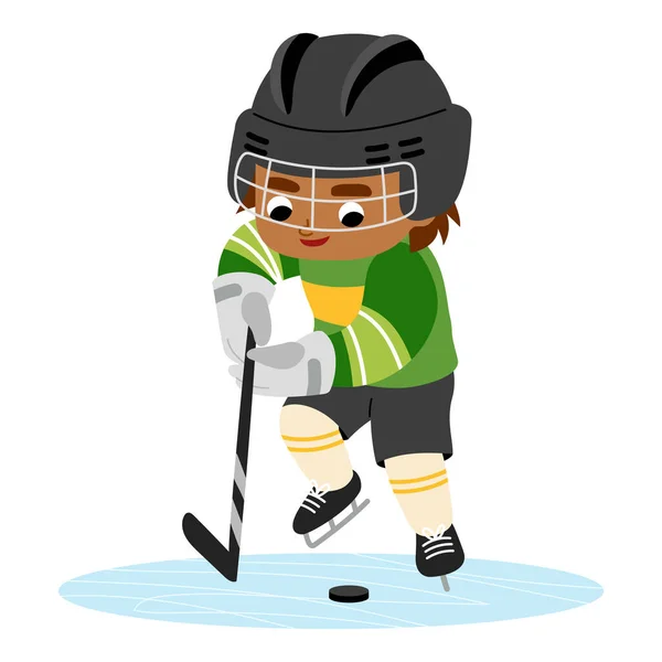 Boy hockey player with hockey stick and puck. Cartoon vector illustration for children