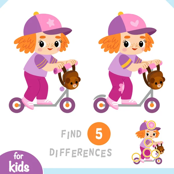 Find Differences Educational Game Children Cute Little Girl Scooter — Stock Vector
