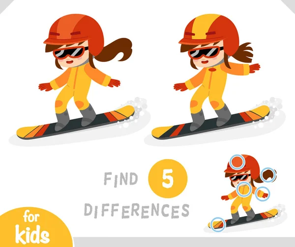 Find Differences Educational Game Children Girl Riding Snowboard — ストックベクタ