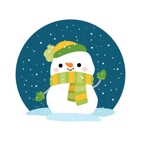 在降雪的圆形背景上 雪人很可爱 儿童卡通画冬季插图 — 图库矢量图片