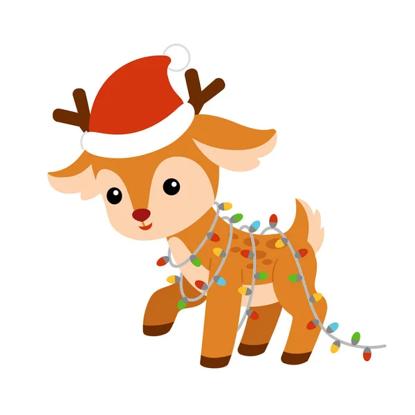 Niedliche Hirschfigur Und Weihnachtsgirlanden Zeichentrickvektorillustration Für Kinder — Stockvektor