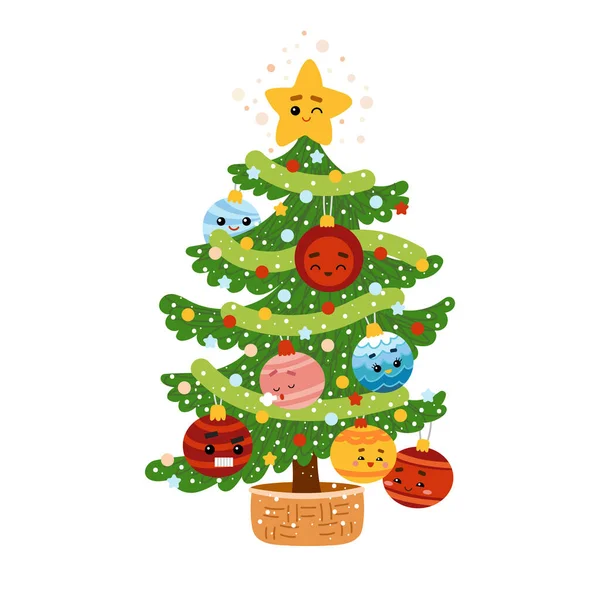 Weihnachtsbaum Mit Niedlichem Spielzeug Zeichentrickvektorillustration Für Kinder — Stockvektor