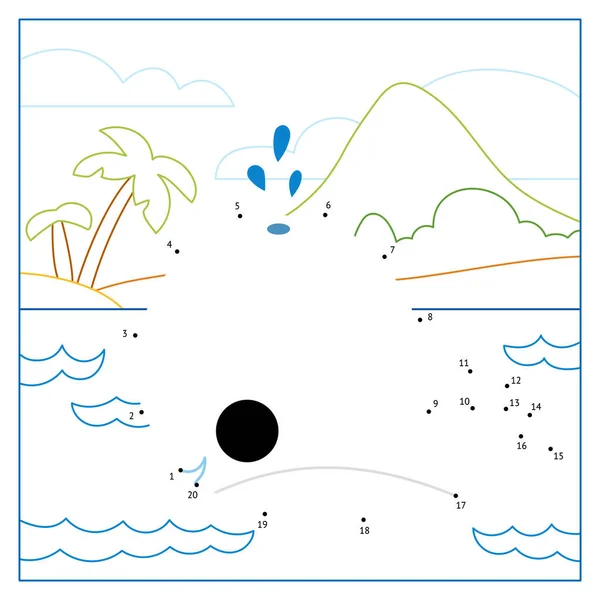 数字ゲーム 教育ドットゲーム子供のためのドットゲーム かわいいクジラと熱帯の島の背景 — ストックベクタ