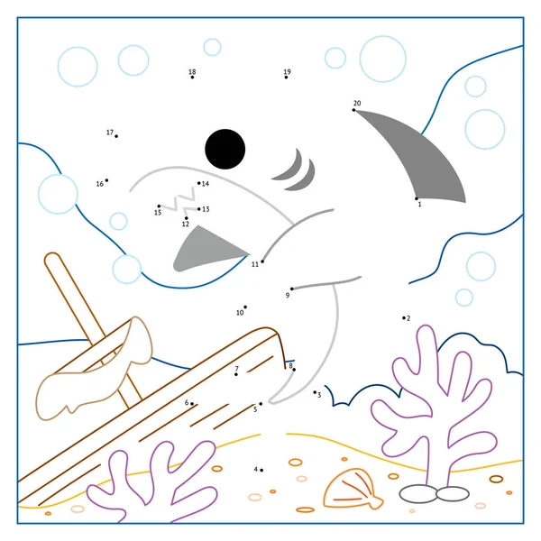 数字ゲーム 教育ドット子供のためのドットゲーム かわいいサメと沈没船の背景 — ストックベクタ