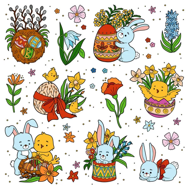 漫画のセットイースター文字やオブジェクト 白を基調にした可愛いウサギと雛 春の花や動物とベクトルカラーイラスト — ストックベクタ