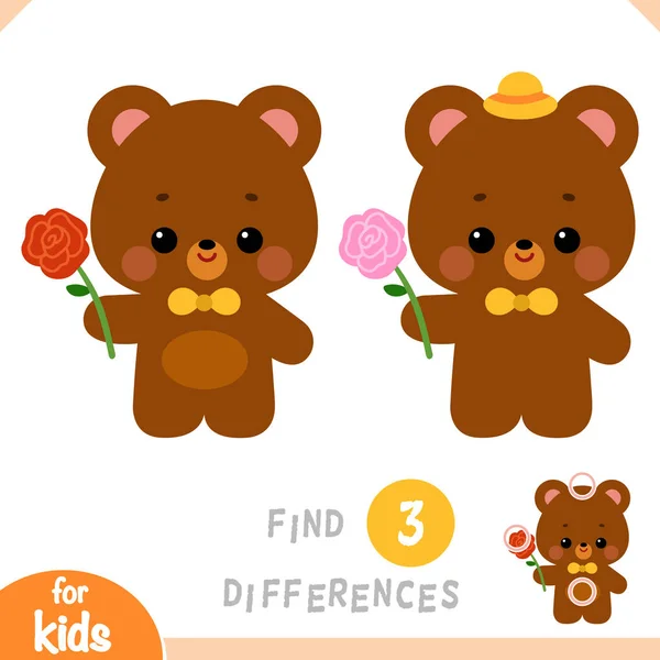違いを見つける 子供のための教育ゲーム バラの花とかわいいクマの文字 — ストックベクタ