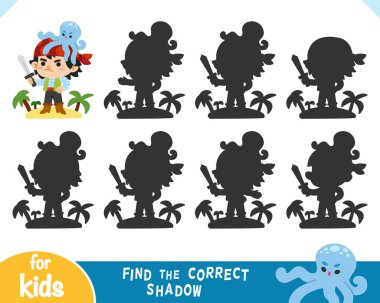 Doğru gölgeyi bul, çocuklar için eğitim oyunu, çizgi film karakteri korsanı ve ahtapot