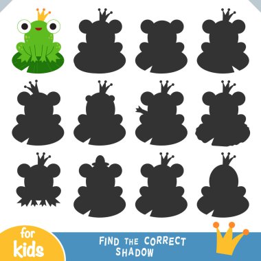 Doğru gölgeyi bul, çocuklar için eğitim oyunu, taçlı şirin karakter kurbağası.