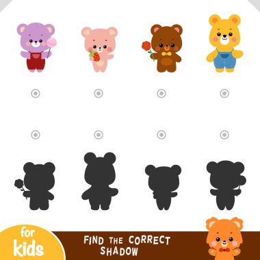 Doğru gölgeyi bul, çocuklar için eğitim oyunu lolipop ve gül çiçekli küçük sevimli ayı karakterleri.