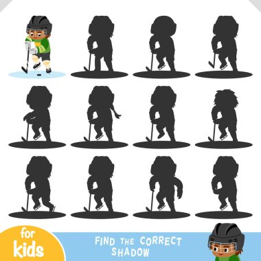 Doğru gölgeyi bul, çocuklar için eğitim oyunu hokey sopası ve diski olan çocuk hokey oyuncusu.