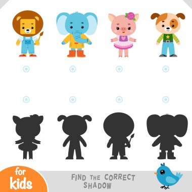 Doğru gölgeyi bul, çocuklar için eğitim oyunu bir dizi çizgi film karakteri fil, aslan, domuz ve köpek.