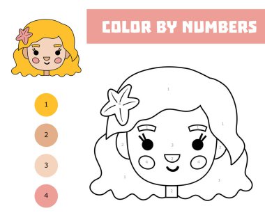 Renkli numara, çocuklar için eğitim oyunu, şirin karikatür deniz kızı yüzü