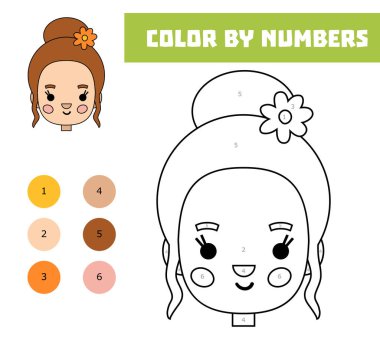 Renkli numara, çocuklar için eğitim oyunu, saçında çiçek olan sevimli çizgi film kızı yüzü.