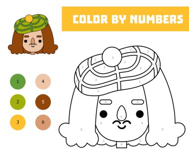 Renkli numara, çocuklar için eğitim oyunu, sevimli Fransız karikatür sanatçısı yüzü