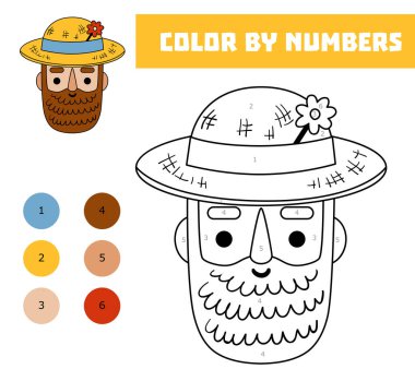 Renkli numara, çocuklar için eğitim oyunu, şapkalı sevimli sakallı çiftçi.