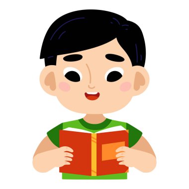 Çocuklar için çizgi film vektör çizimi, Asyalı çocuk kitap okuyor.